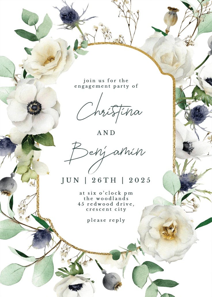 Winter florals watercolor -  invitación para fiesta de compromiso